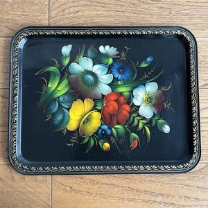 Vintage Russia USSR  Enamel Hand Painted Floral Flower Serving Tray Tole 18x14